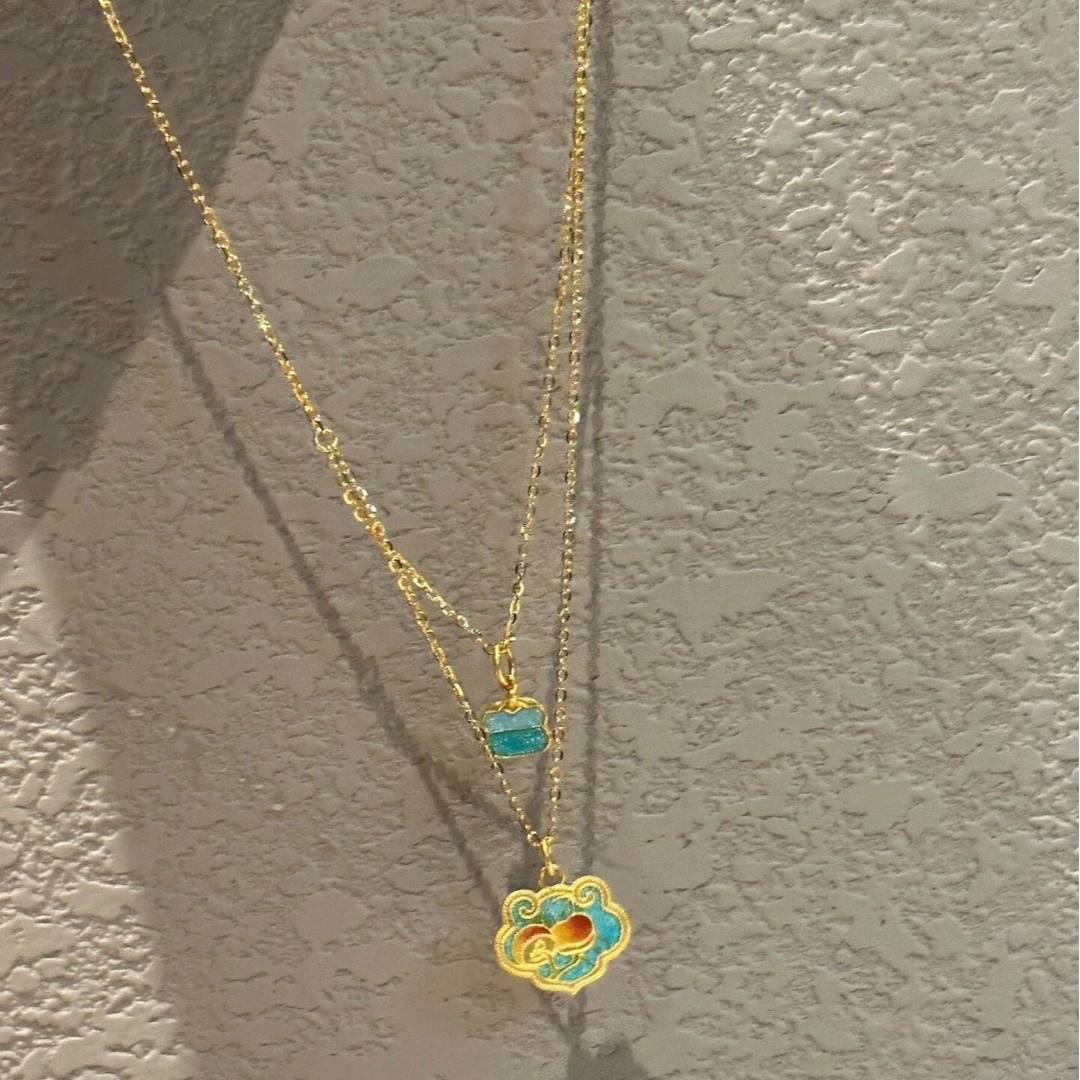 铜合金项链 X2152柿柿如意烧蓝锁包项链 叠戴双层复古精致项链