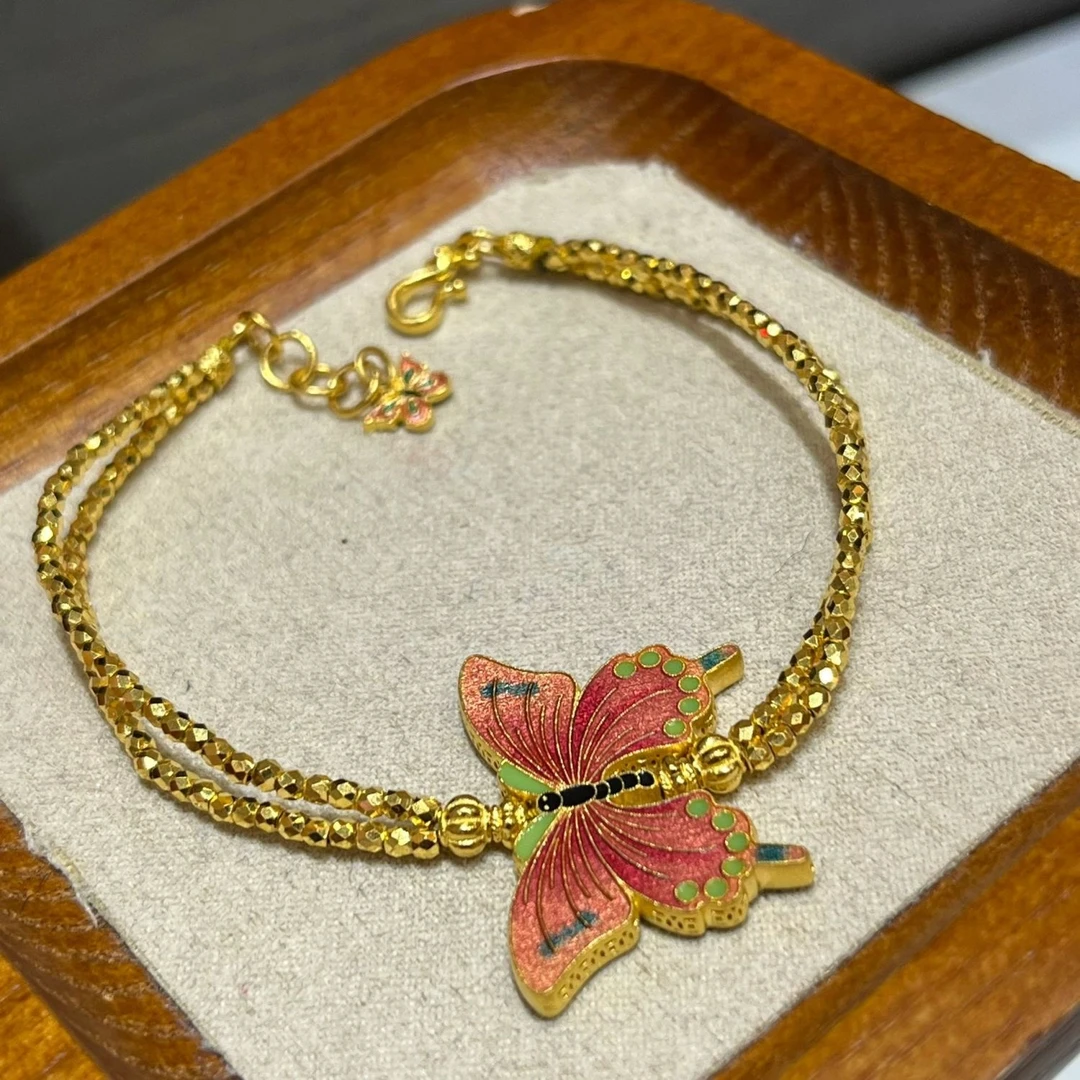 铜合金珐琅手链 SL1100双面烧蓝蝴蝶双层手链 复古盘缠手串爆闪