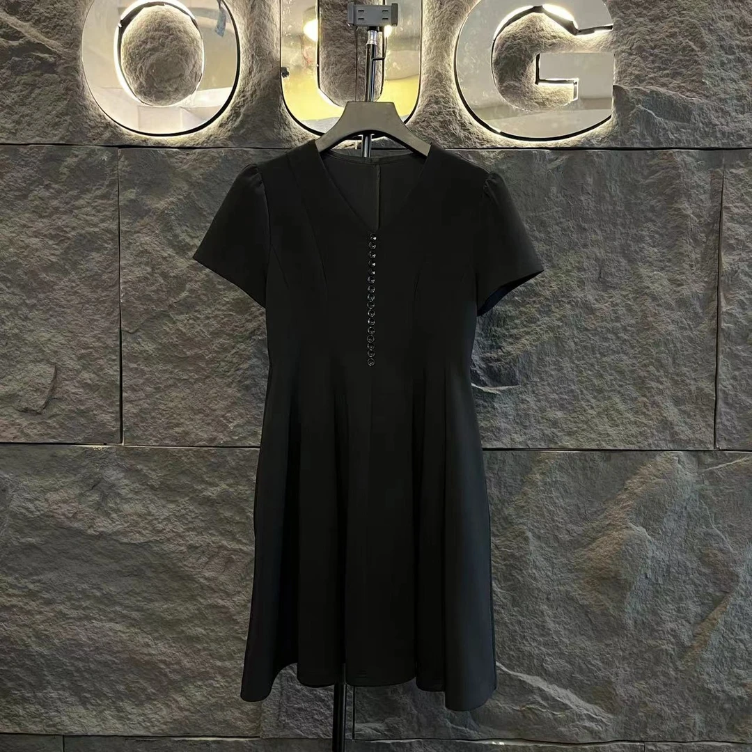 新款现货轻奢V领排扣显瘦连衣裙1041