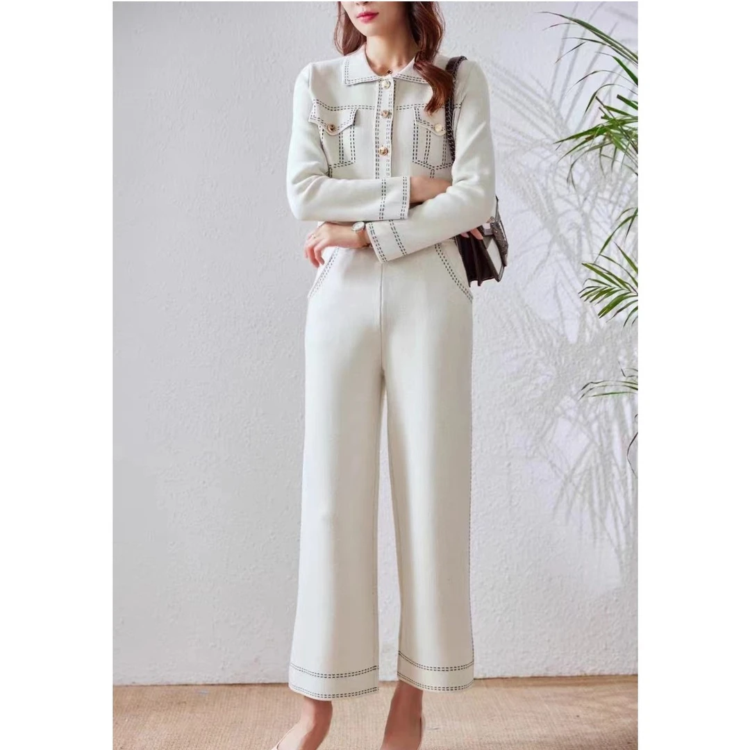 宇菲 #欧货新款高端羊毛休闲上衣高腰阔腿裤套装#68141#68128