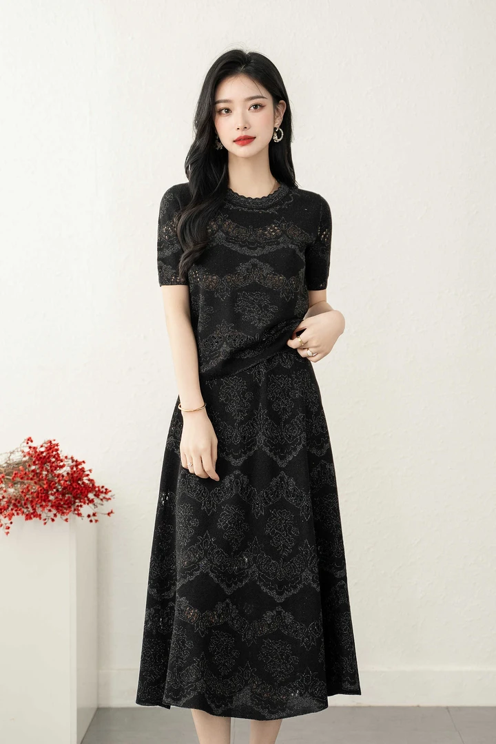 宇菲#23977/78短袖波浪圆领针织开衫大摆裙天丝套装气质优雅夏季