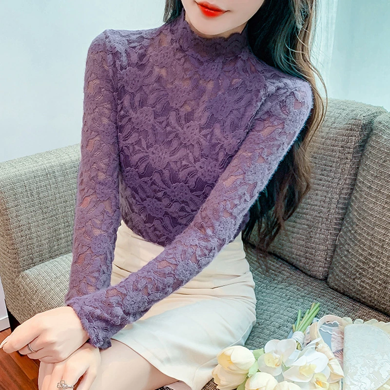 镂空蕾丝上衣高级感法式内搭小衫女秋冬季2023新款漂亮加绒打底衫