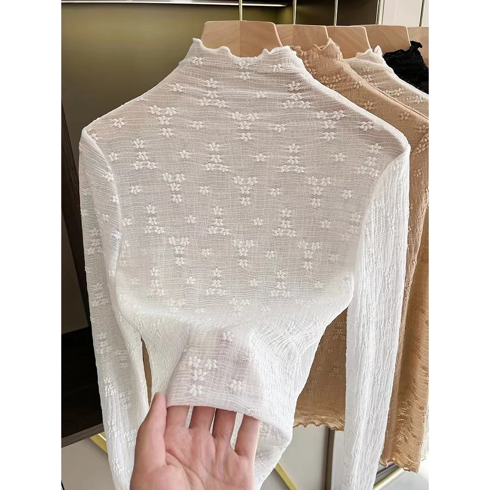 高领蕾丝打底衫女韩版新款秋冬洋气薄款内搭木耳边提花网纱上衣潮