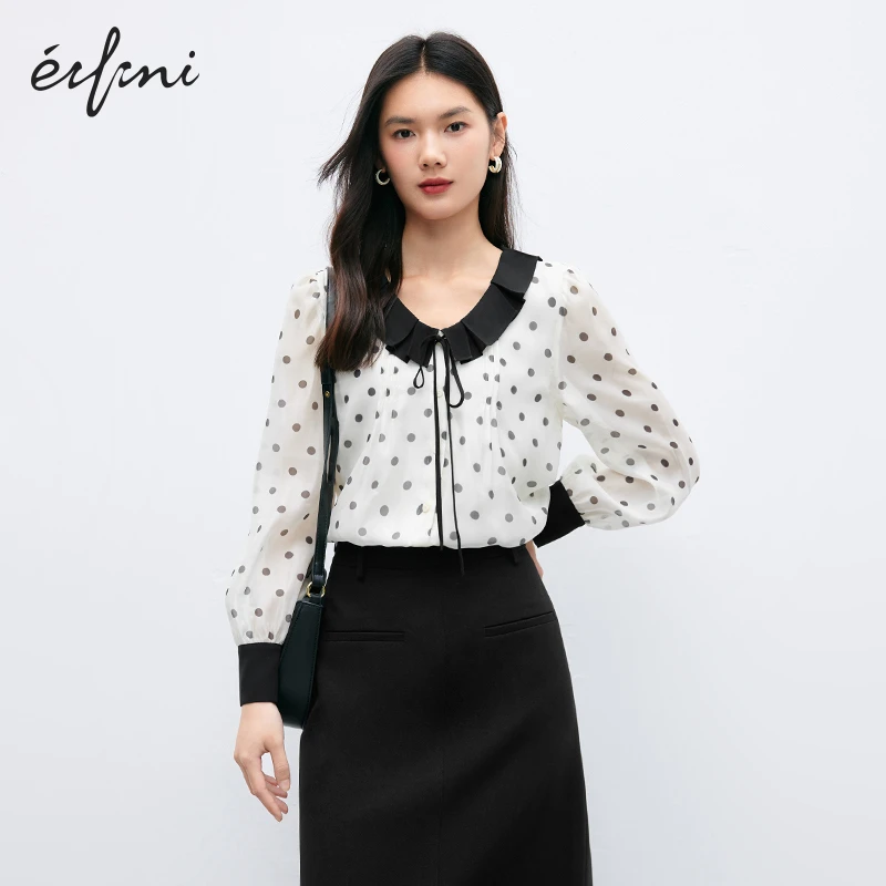 伊芙丽秋冬新款时尚花瓣木耳边薄透波点长袖衬衫女复古优雅小上衣