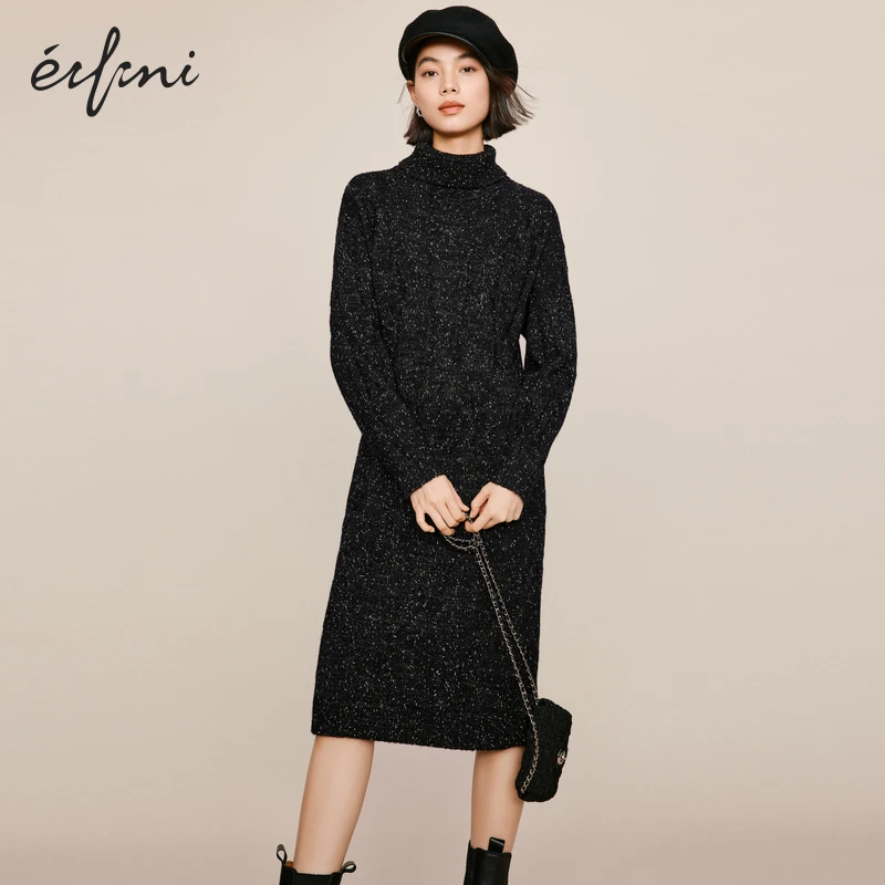 伊芙丽冬装时尚金银丝细闪高领气质高级感黑色连衣裙女显瘦小黑裙