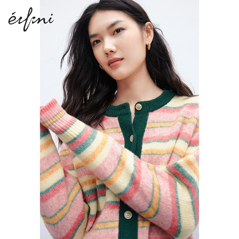 伊芙丽秋冬新款时尚彩条撞色设计感甜美针织开衫女秋日氛围感毛衫