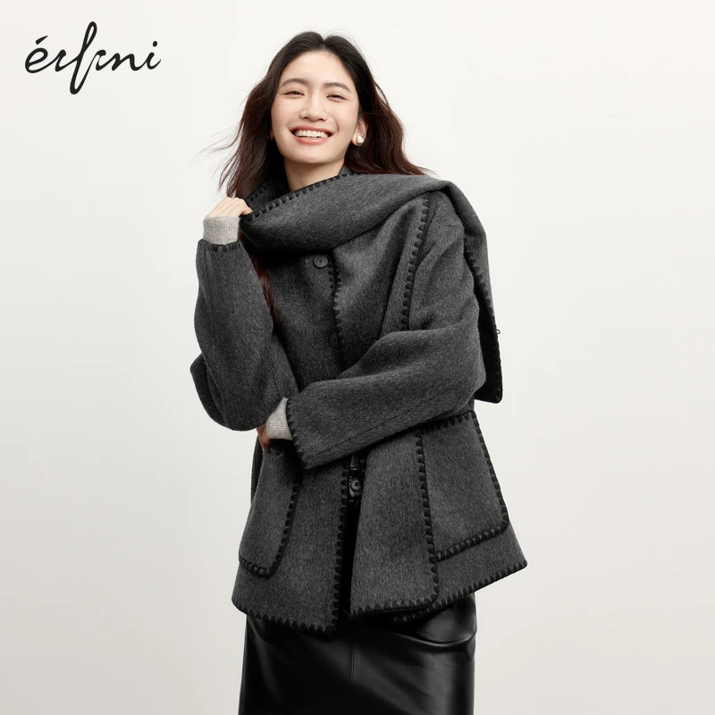 伊芙丽绵羊毛双面呢大衣可脱卸围巾领女24秋冬复古外套1E9911651