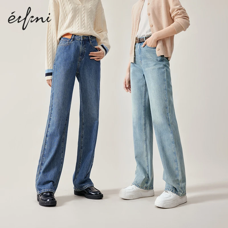 伊芙丽秋冬新款复古贴标高腰牛仔裤女时髦水洗拖地显瘦直筒裤