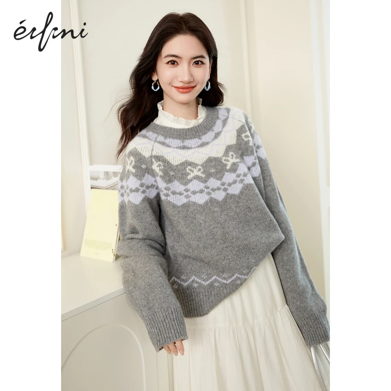 伊芙丽复古气质费尔岛提花针织衫女冬时尚百搭毛衫1FA935241