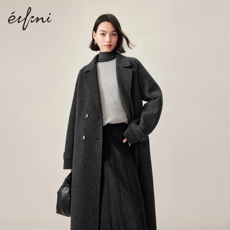 伊芙丽秋冬新款时尚格雷系气质羊毛大衣翻领双排扣长款双面呢大衣