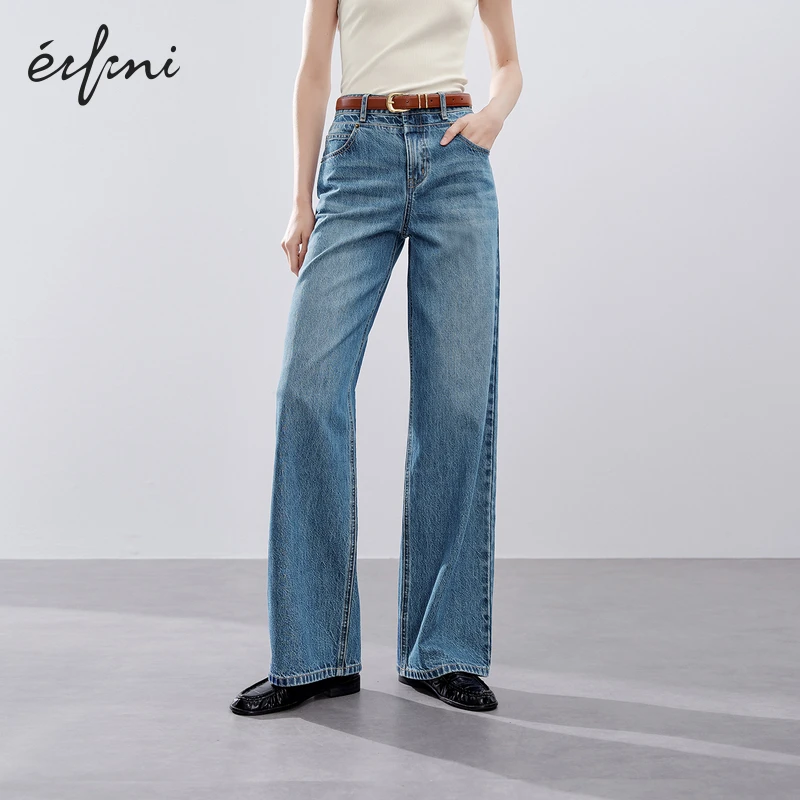 伊芙丽进口土耳其腰节设计拖地直筒秋季新款裤子显瘦雅丹风牛仔蓝