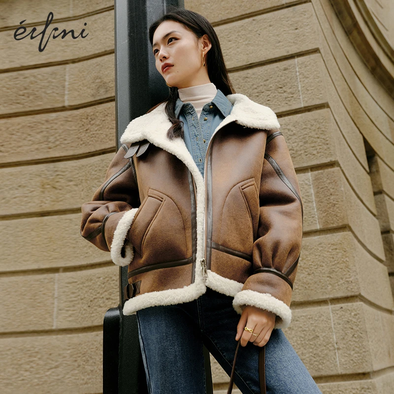 伊芙丽冬装新款洋气黑色保暖外套设计感百搭气质咖色机车服女