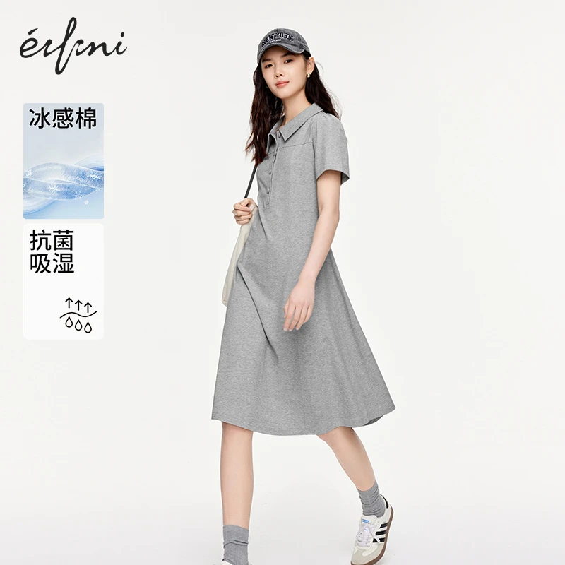 éifini/伊芙丽夏装格雷系Polo领学院风休闲通勤减龄收腰T恤连衣裙
