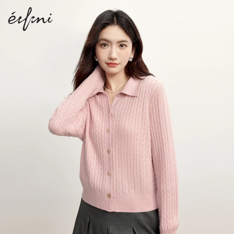 伊芙丽全羊毛翻领绞花百搭针织衫秋季新款精致风女上装雅丹风