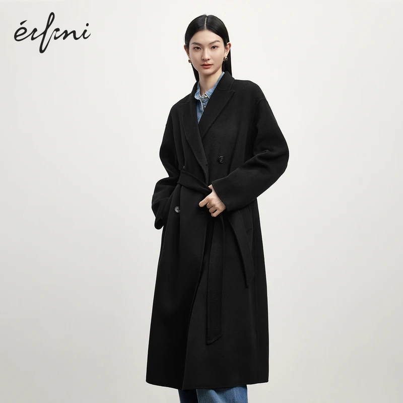 伊芙丽绵羊毛腰带收腰双面呢大衣女冬季双排扣外套1FA971661Q