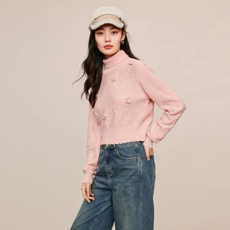 伊芙丽秋冬高领手钩花学院风套头粉色毛衣女多巴胺时尚短款针织衫