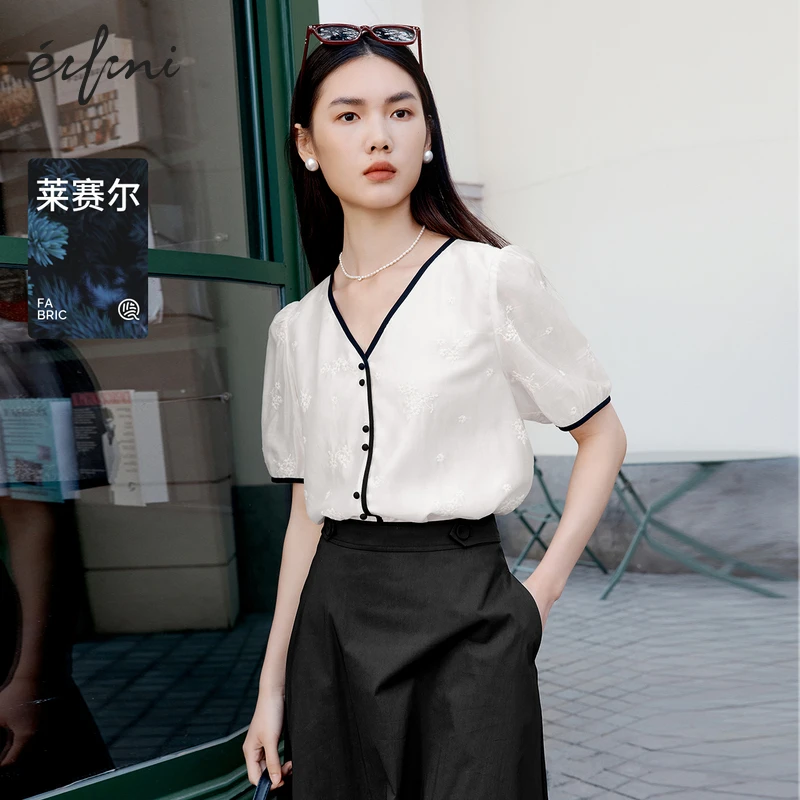 伊芙丽莱赛尔绣花撞色小香风小衫女25春季法式气质衬衣1E4921981