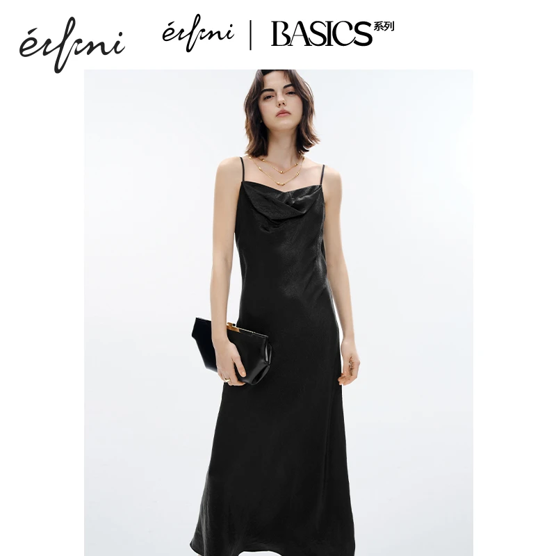 伊芙丽夏季新款法式清冷高级感通勤醋酸气质吊带小黑裙连衣裙长裙