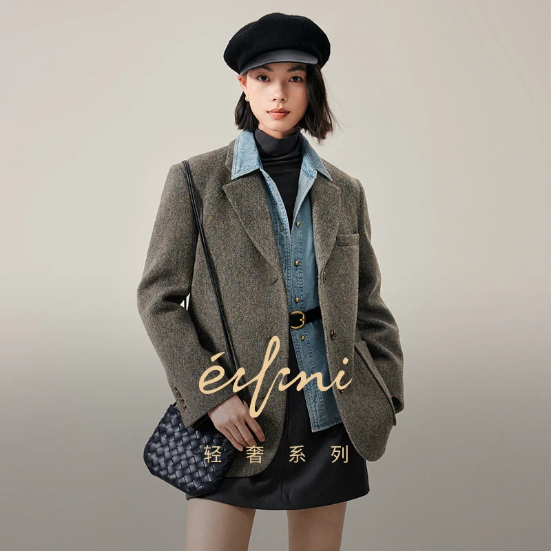 伊芙丽老钱风重工高级感通勤花纱羊毛呢西装女秋冬新款外套女