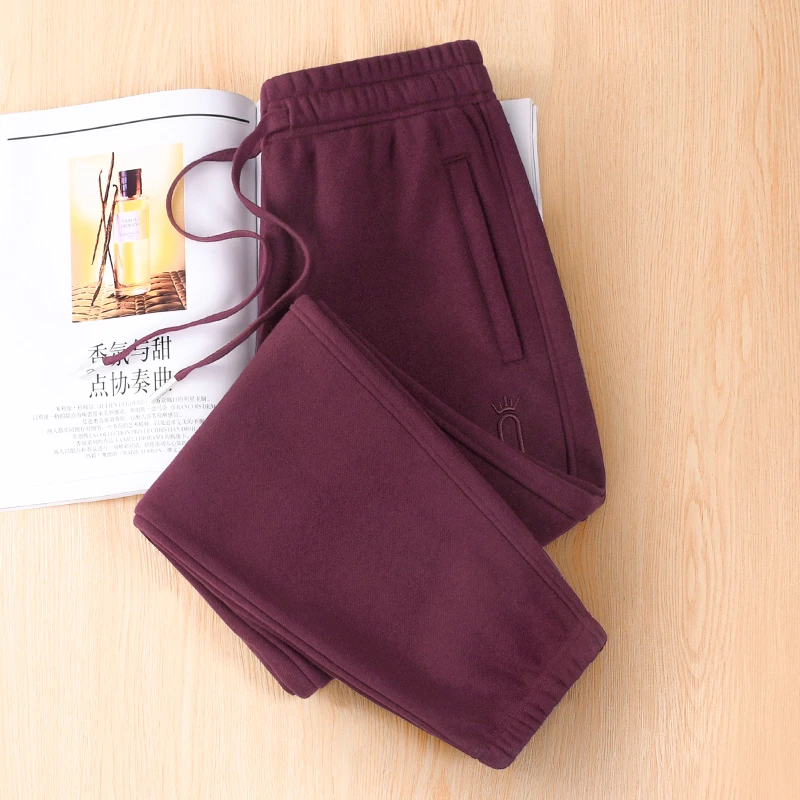 酒红色加绒运动裤女秋冬季拉链口袋休闲灯笼裤小个子束脚卫裤欧货