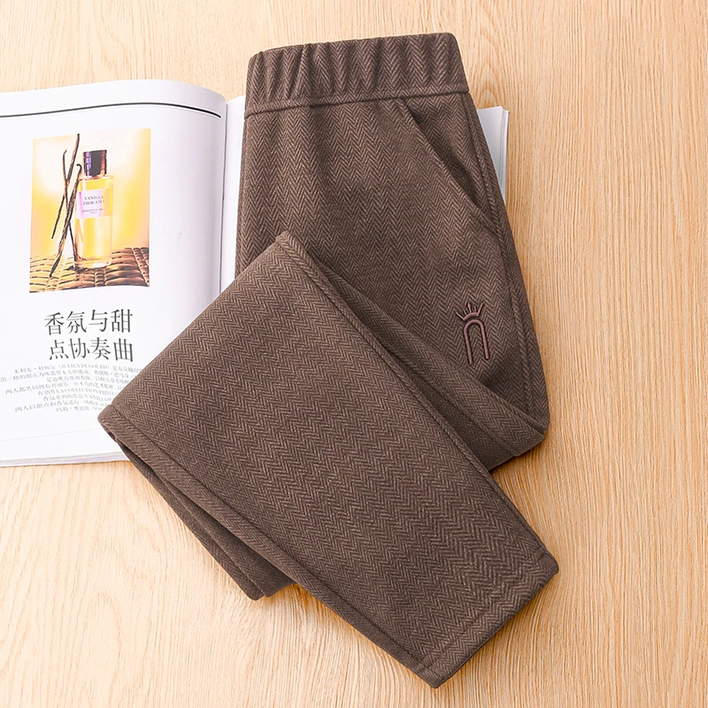 深咖色加绒毛呢哈伦裤女秋冬洋气显瘦小脚萝卜裤松紧腰运动休闲裤