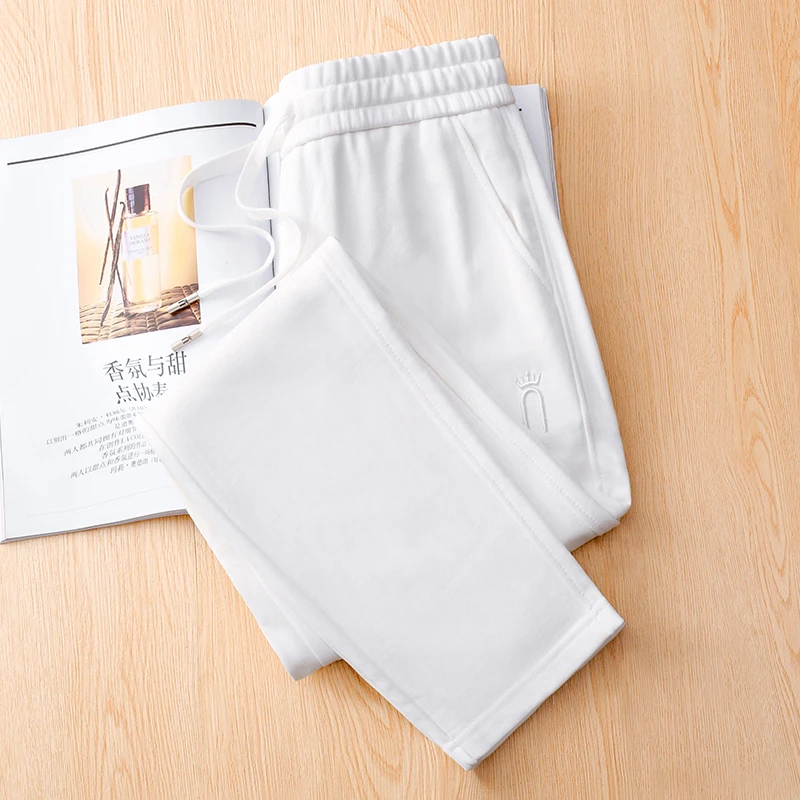 白色全棉春秋运动休闲裤女高腰纯棉小直筒大码宽松100%棉百搭卫裤