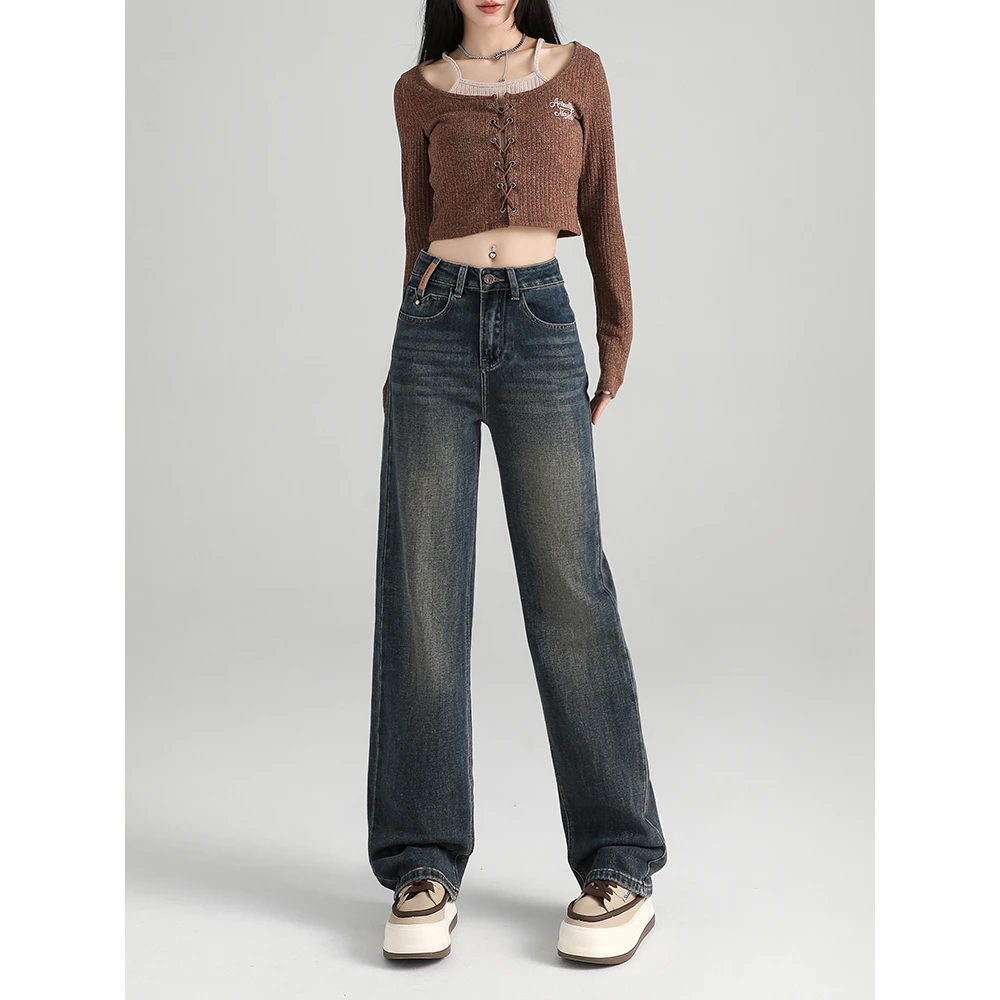 MOON NOTES/月亮音符秋季新款窄版阔腿裤宽松显瘦百搭垂感牛仔裤