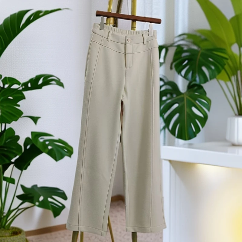 米白色窄版阔腿裤2024秋冬新款松紧腰休闲显瘦高腰宽松时尚百搭