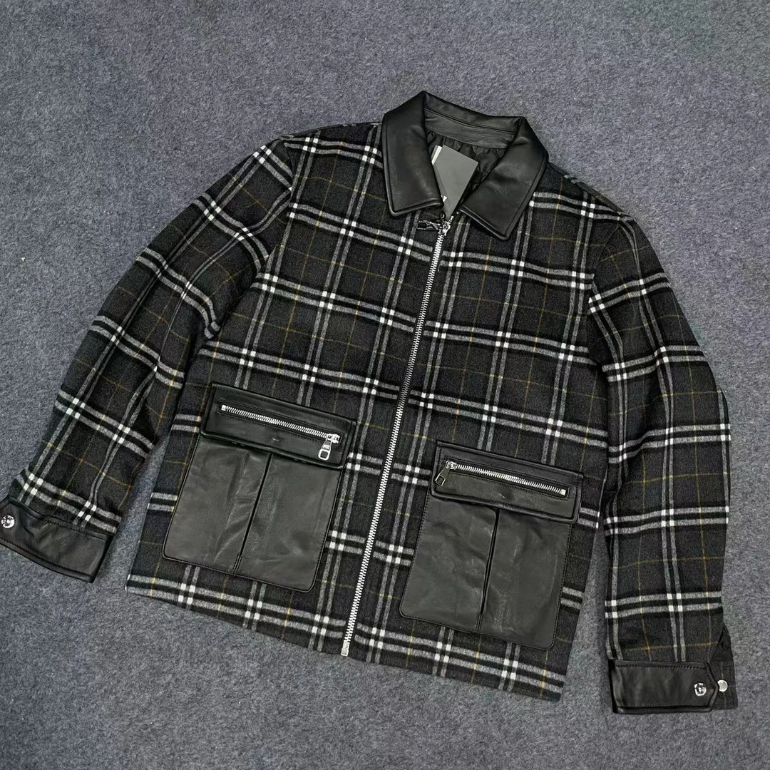 砖柜5999jk648男士加厚羊毛拼羊皮羽绒服夹克格纹简约百搭