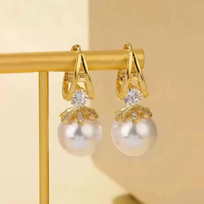 铜合金仿珍珠耳饰 金色微镶流苏珠珠耳钉时尚百搭法式耳环5608