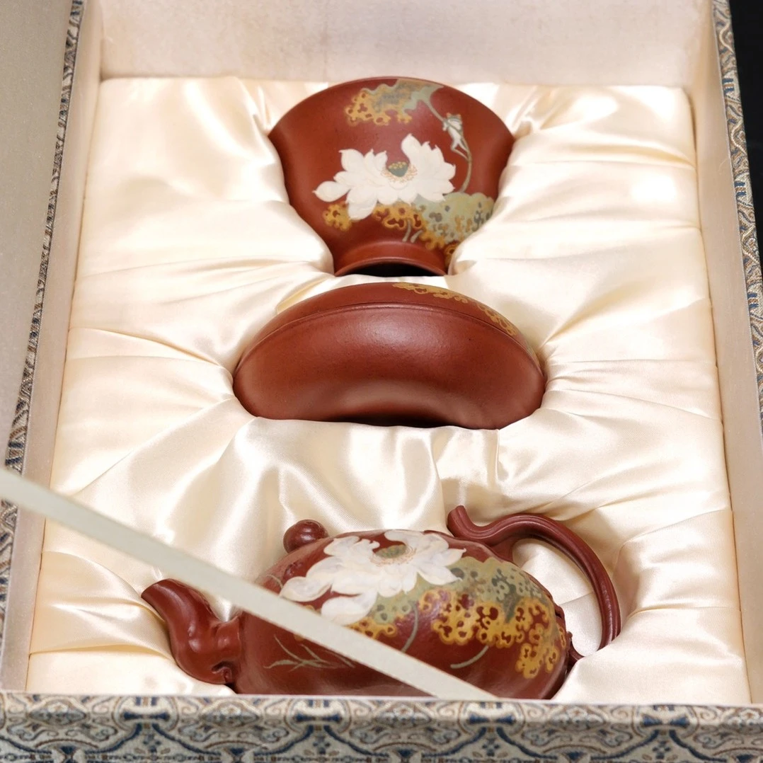 胡静作品 荷趣套组全手工朱泥大红袍魏斯密泥绘手制茶壶