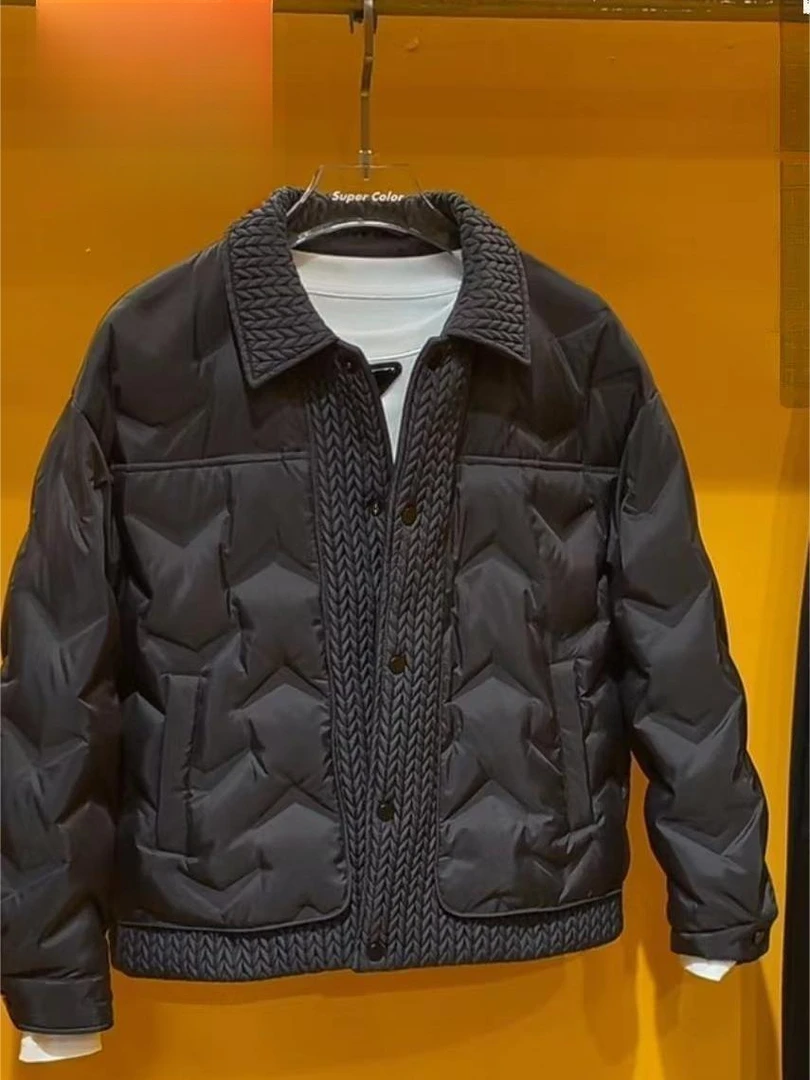 羽绒服男2023新款冬季短款拼接加厚时尚翻领保暖宽松轻薄羽绒外套