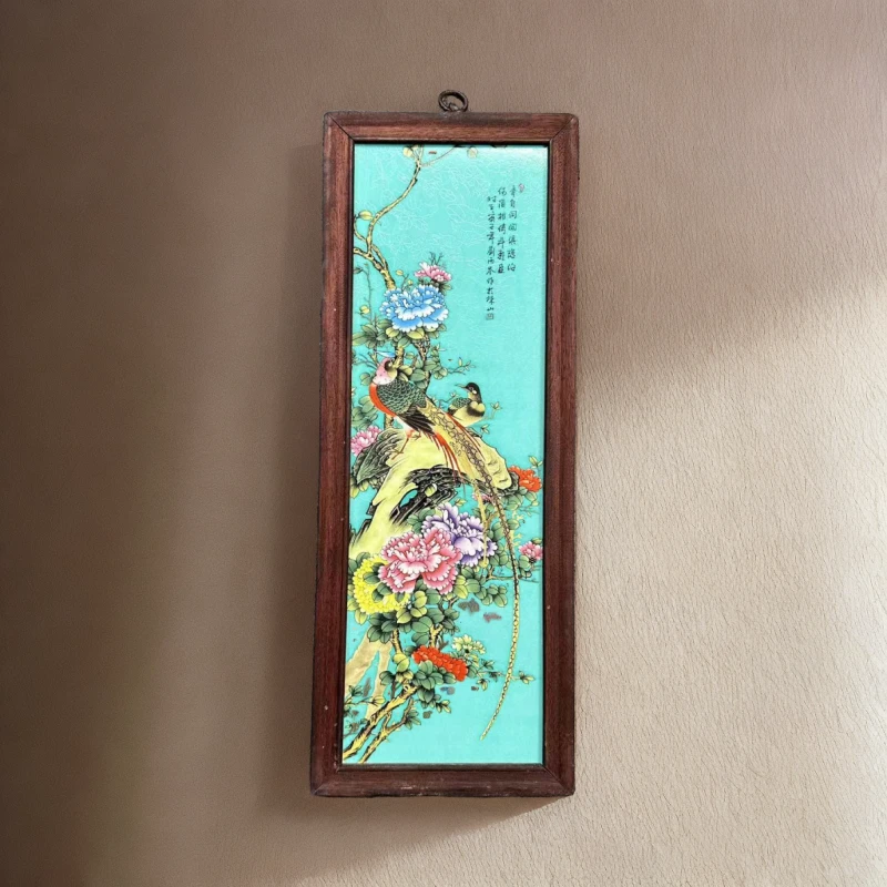 【正品】景德镇瓷板画珐琅彩工艺翡-翠绿花鸟手工画实木边框55x21cm