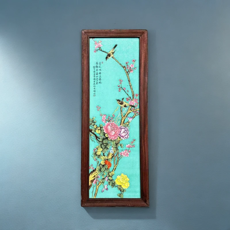 【正品】景德镇瓷板画珐琅彩工艺翡-翠绿花鸟手工画实木边框55x21cm