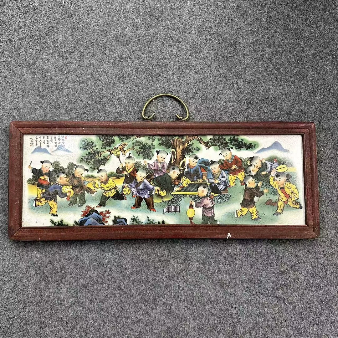 【正品】景德镇瓷板画手工粉彩陶瓷百子童子瓷板画实木边框55x21cm