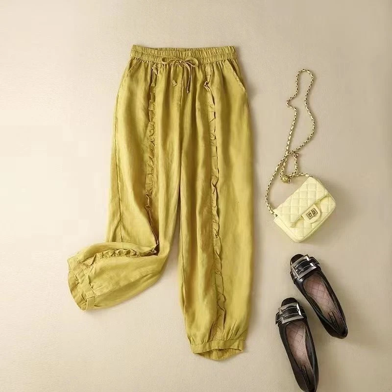 【退换包运费】木耳边棉麻哈伦裤女高腰系带宽松灯笼裤九分裤子Y042