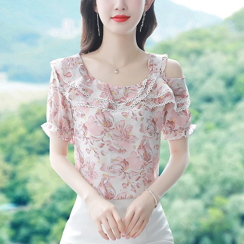 夏季新款碎花雪纺衫女时尚洋气露肩上衣宽松显瘦年轻妈妈法式小衫