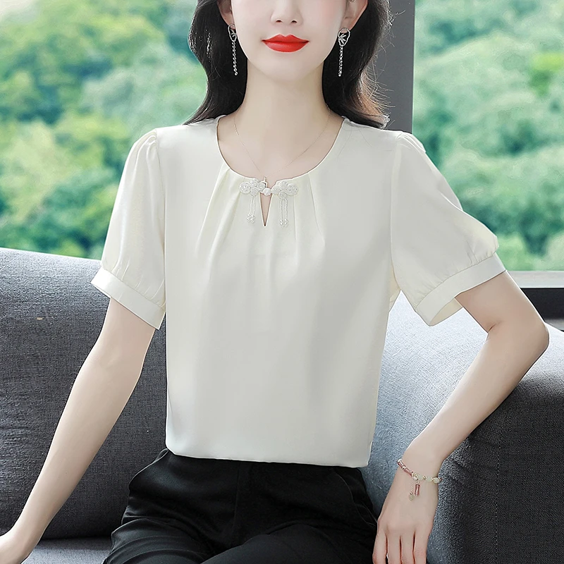 夏季洋气宽松设计感小衫气质女士雪纺衫2024新款新中式纯色上衣女