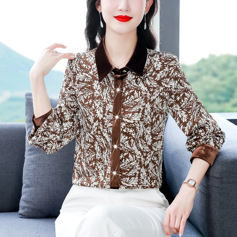 高档长袖碎花雪纺衫气质女士2024春装新款上衣时尚洋气妈妈装衬衣