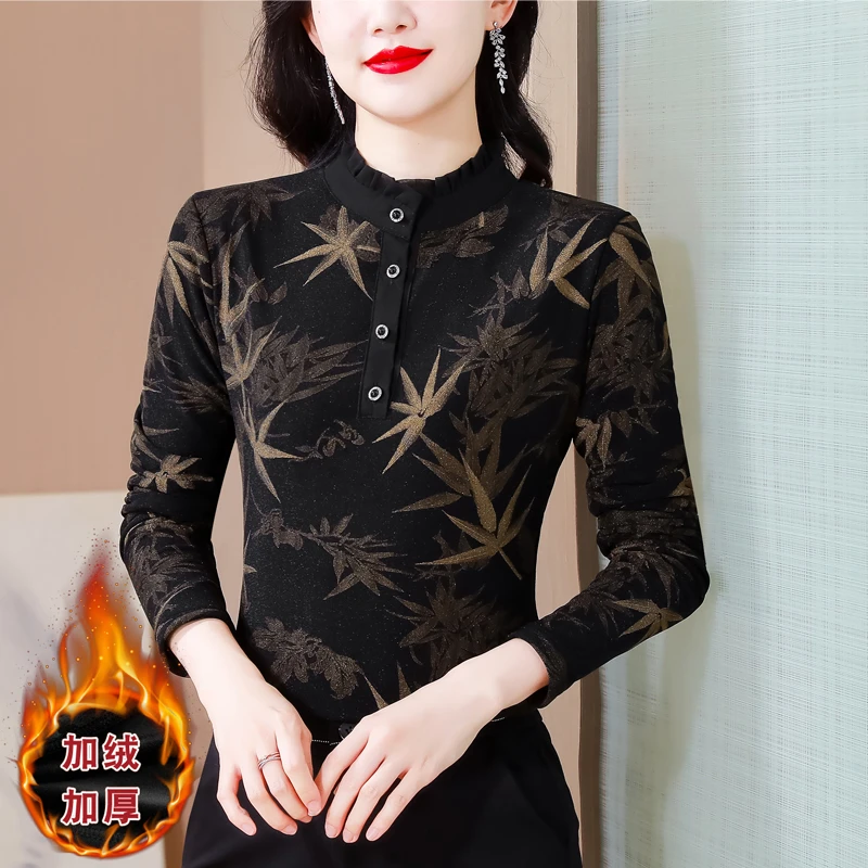 妈妈秋冬装半高领打底衫加绒加厚保暖上衣时尚洋气中老年女装小衫