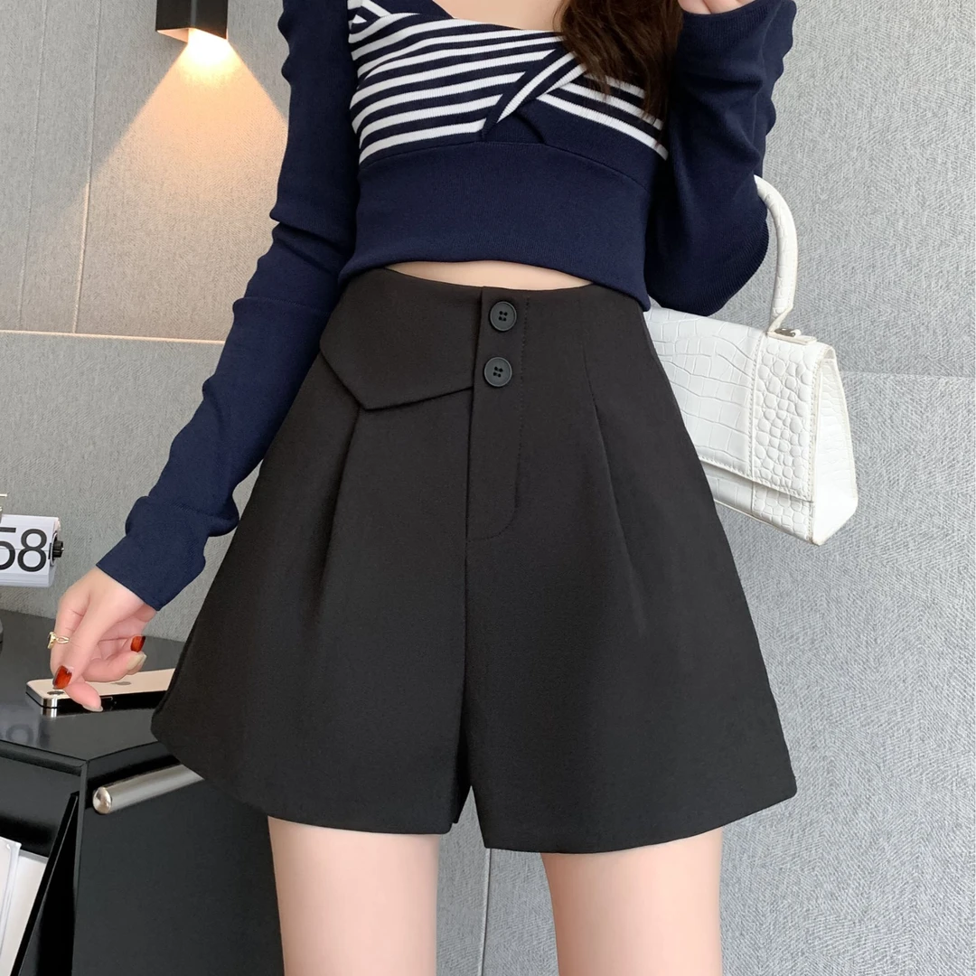 春季新款西装短裤女高腰显瘦A字阔腿裤设计感遮肚子外穿短裤