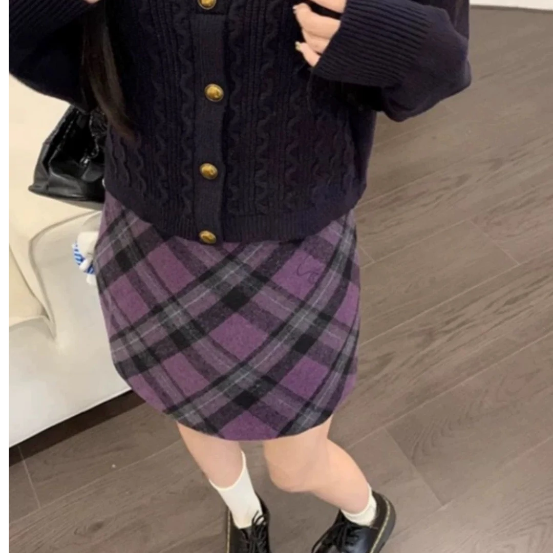 复古高腰毛呢格纹半身裙女秋冬新款紫色A字短裙学院风气质裙子