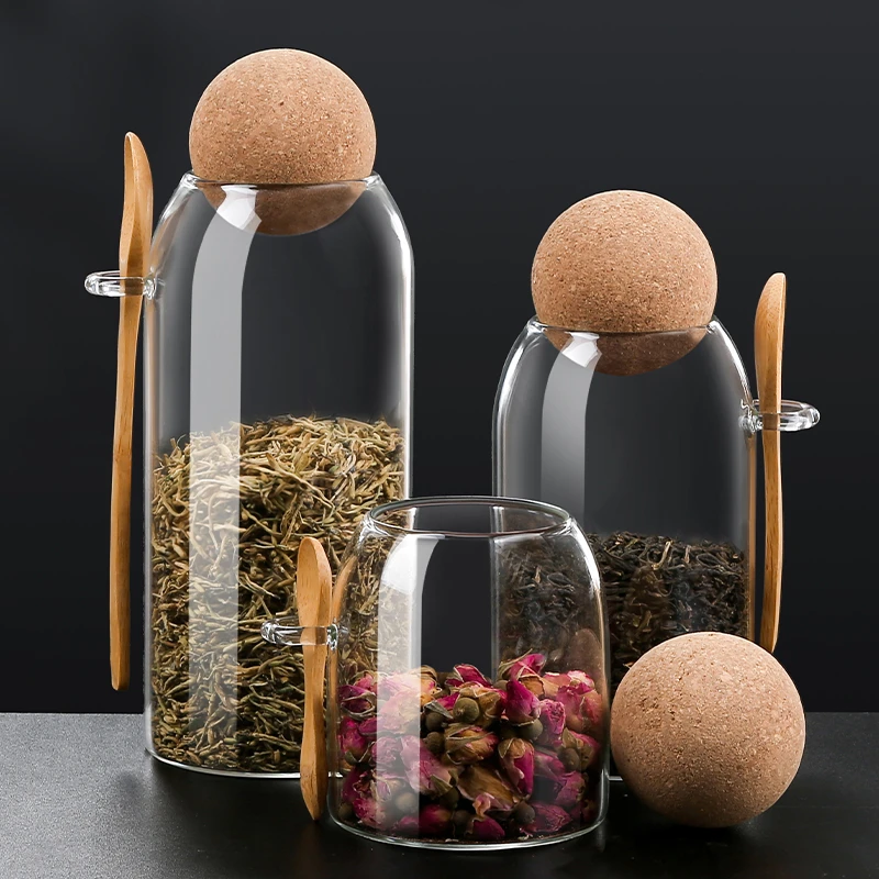 茶叶罐玻璃密封罐茶叶储存罐带勺家用花茶罐杂粮收纳瓶咖啡豆日式