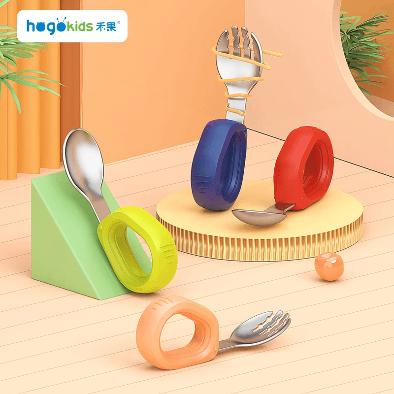 不锈钢316圆柄叉勺套餐训练辅食勺儿童餐具硅胶短柄加长叉勺