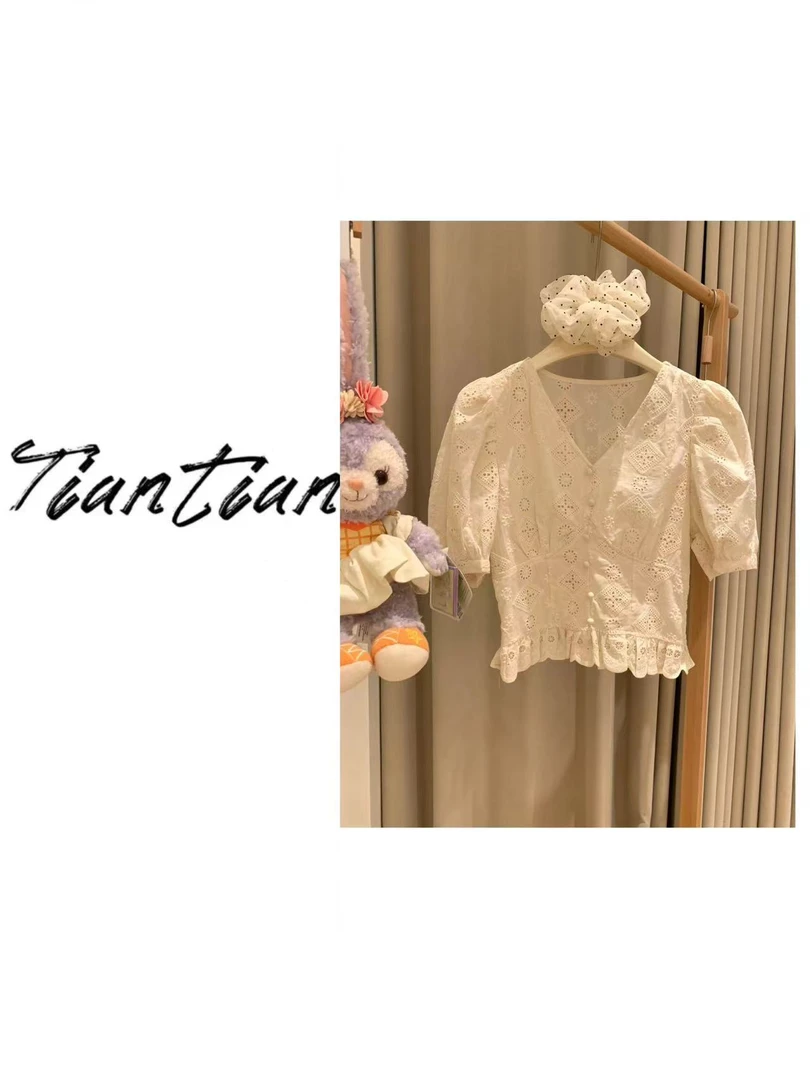 甜甜【云朵】夏季蕾丝轻奢设计师甜美上衣女1087