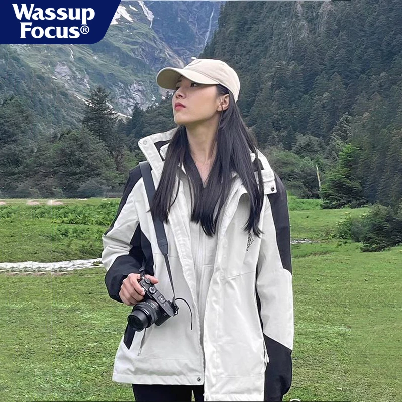 WASSUP FOCUS冲锋衣女户外秋冬季加厚三合一夹克外套登山防风防水