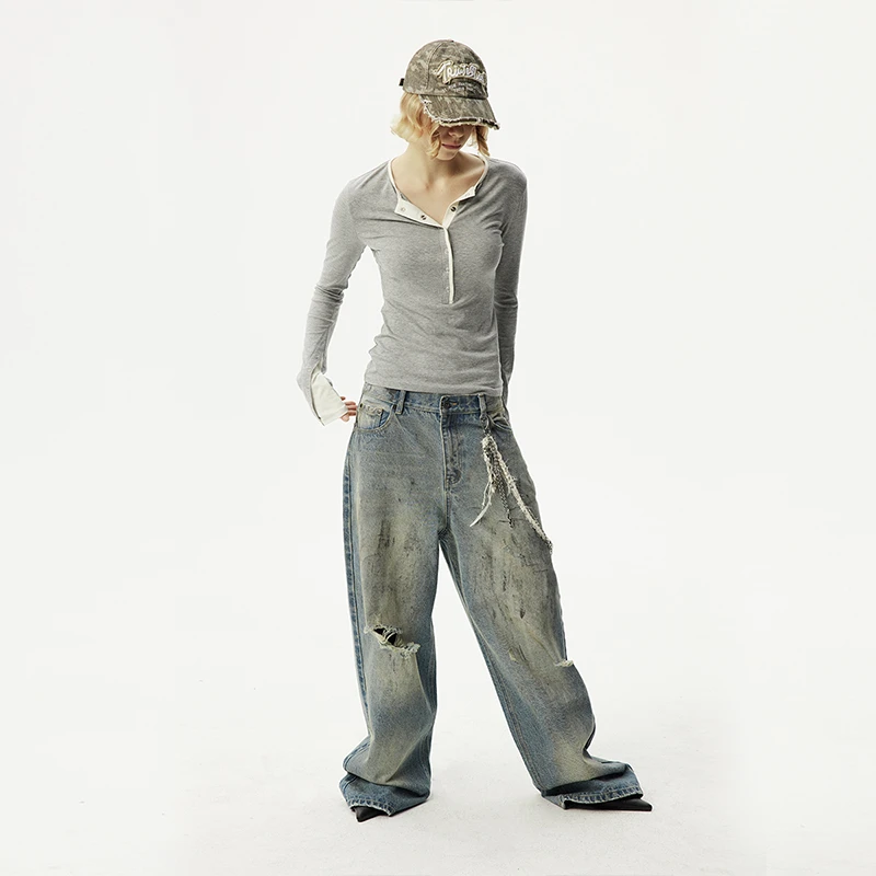SHALL NOT UNTRUE 破洞阔腿牛仔裤女水洗复古做旧宽松廓形拖地裤