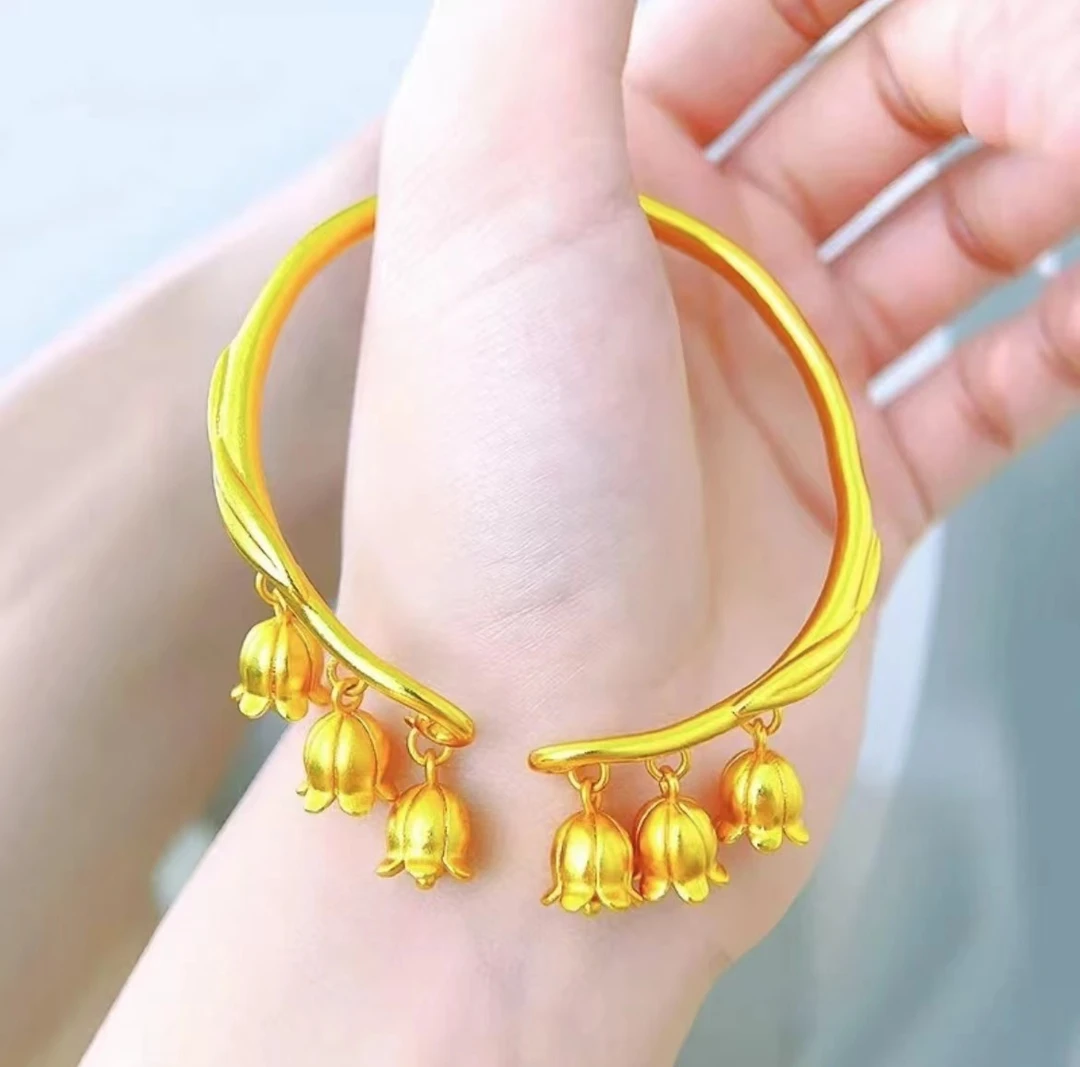 合金手镯 古风金色铃兰花复古磨砂开口镯子精美单圈时尚气质百搭