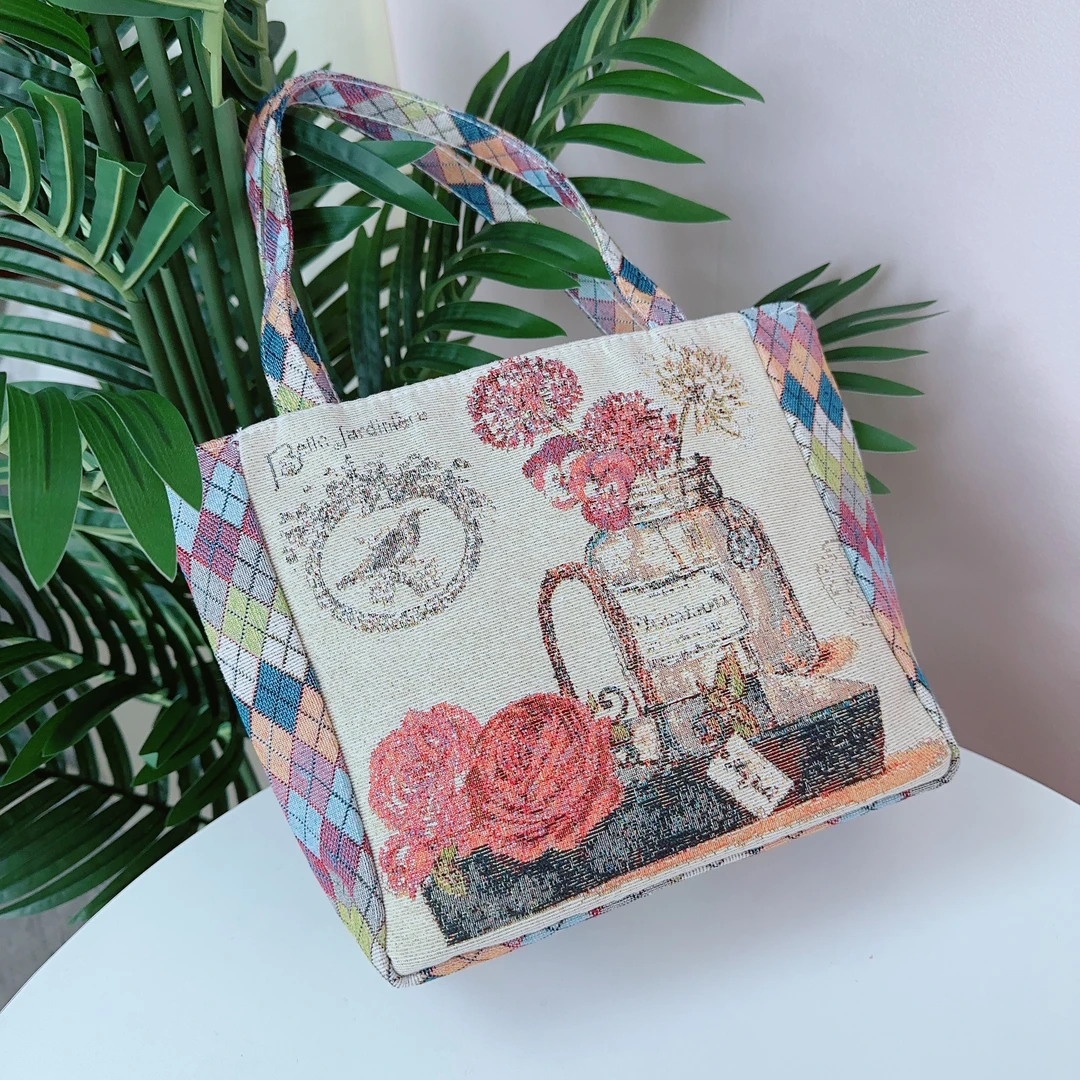 【菱格包-瓶中花】帆布包双面金丝提花刺绣手提包女士休闲包手拎包