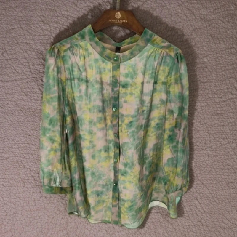 【F813】时尚七分袖碎花小衫秋季女装单排扣圆领衬衫